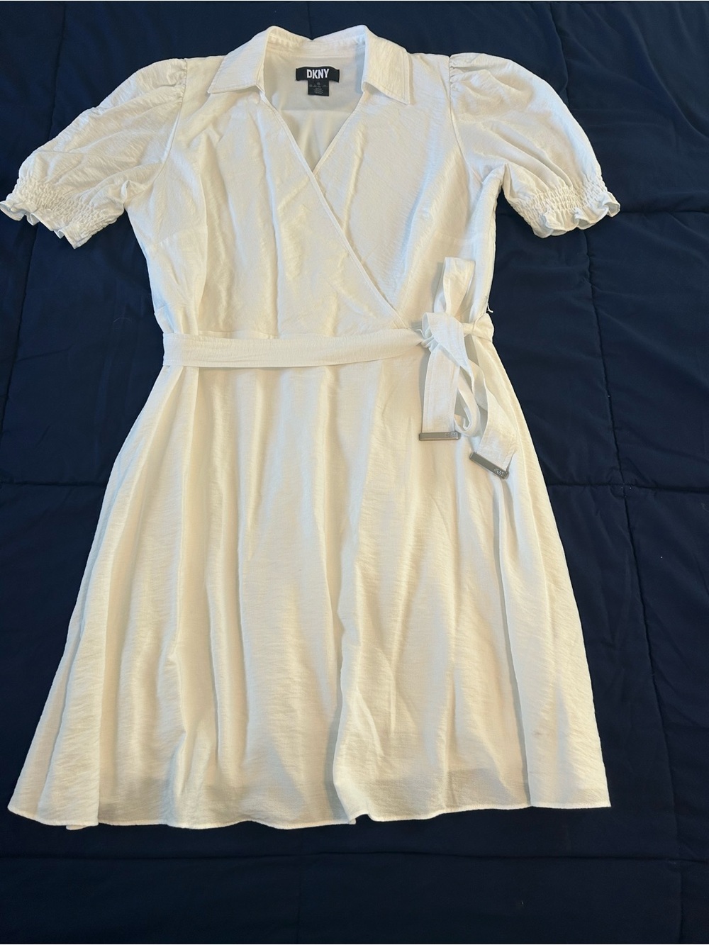 DKNY white Wrap Midi Dress with Puff Sleeves